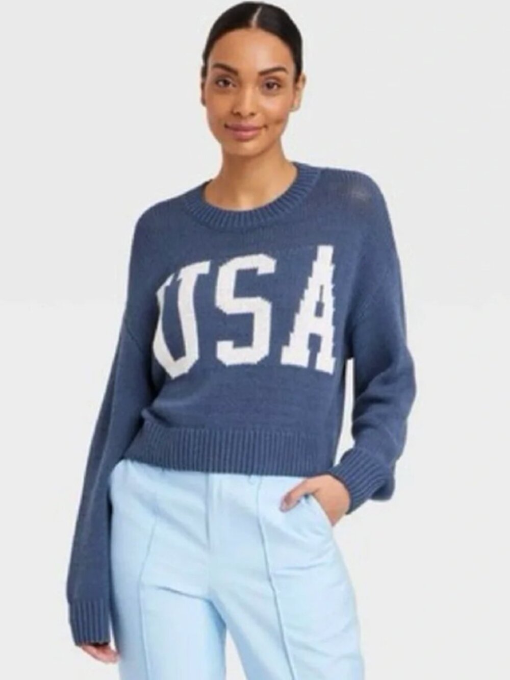 Grayson Threads Blue USA Oversized Boxy Cropped Length Statement Sweater Size M